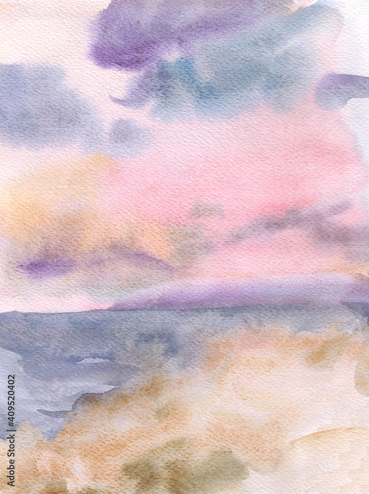 Hand drawn watercolor seascape with pink sunset.
