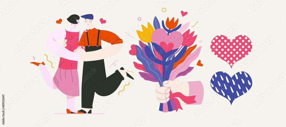 Dancing couple - Valentines day graphics. Modern flat vector concept illustration - a young hetoresexual couple dancing together, wearing vintage costumes. Hearts. Cute characters in love concept