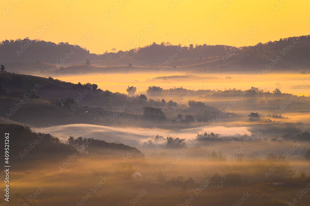 Misty landscape in morning from Wat Gong Niam viewpoint the famous viewpoint in Khao Kho hill in Phetchabun, Thailand
