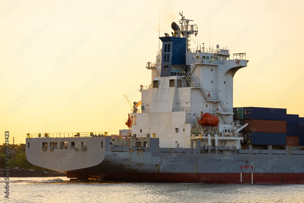 Fototapeta premium Close up freight vessel offshore at sunrise in Bangkok Thailand
