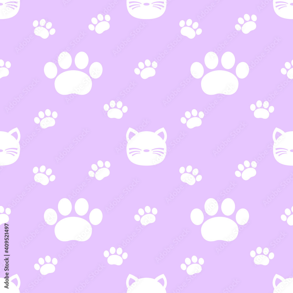 Seamless pattern with white cats and paws on purple background. Funny endless abstract animal backdrop vector illustration	
