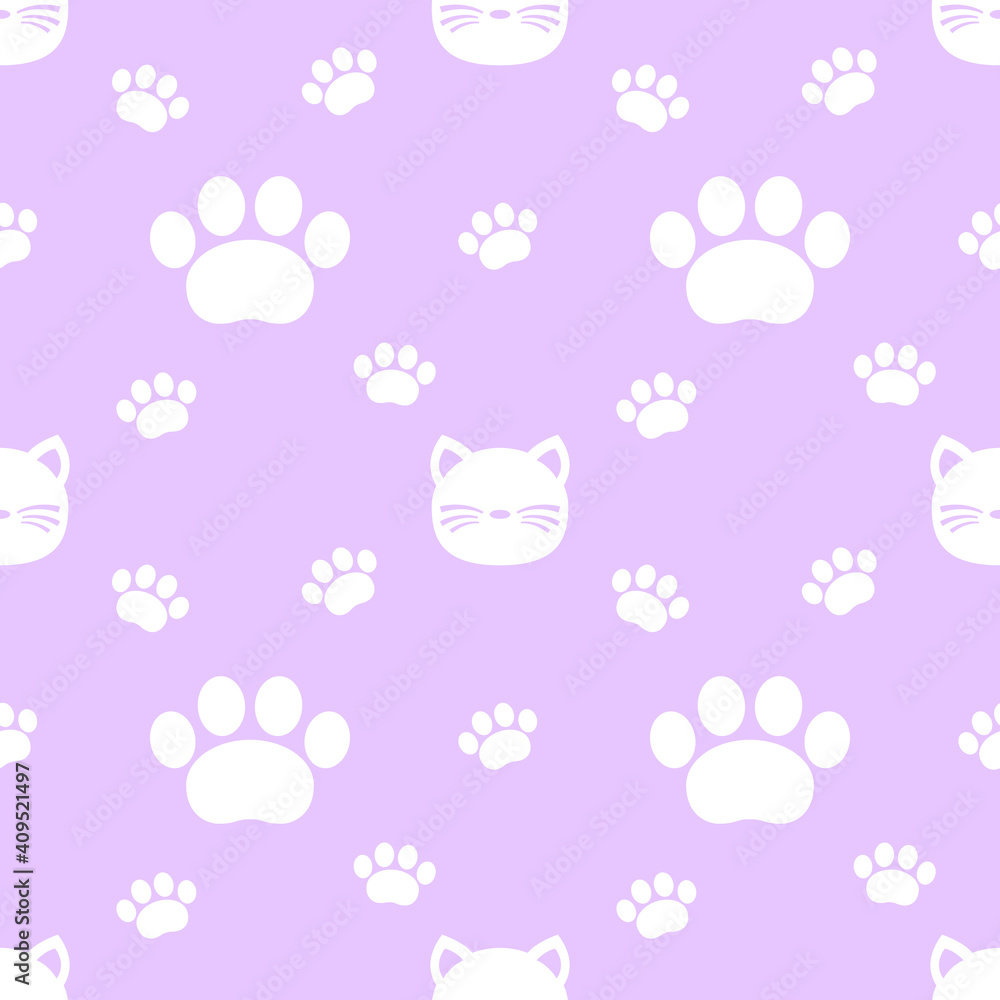 Seamless pattern with white cats and paws on purple background. Funny endless abstract animal backdrop vector illustration Seamless pattern with white cats and paws on purple background. Funny endless abstract animal backdrop vector illustration