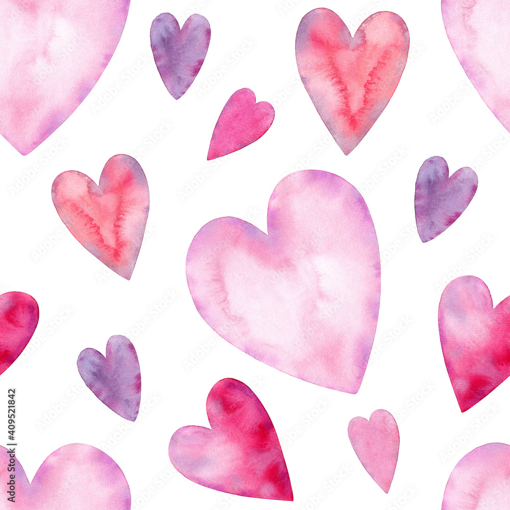 Watercolor Floral seamless pattern. Bouquets of pink hearts