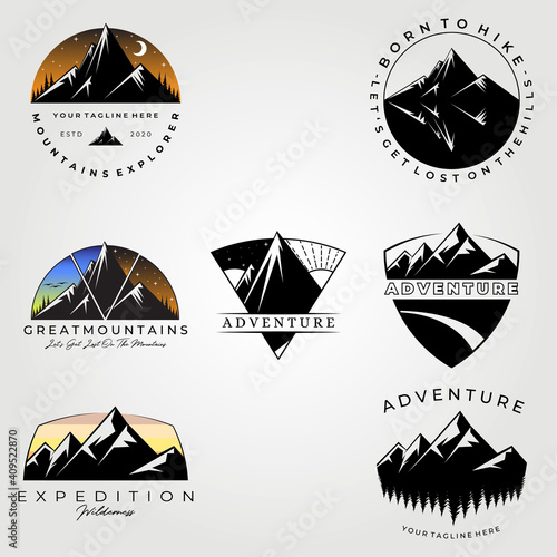 mountain adventure icon sticker logo vector set illustration design , bundle logo icon symbol sticker photo