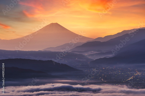Beautiful scene of Fuji mountain and Lake Suwako from Takabochi highland in Nagano, Japan