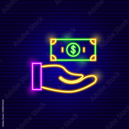 Neon Hand Holding Banknote Icon. Vector Illustration of Finance Object