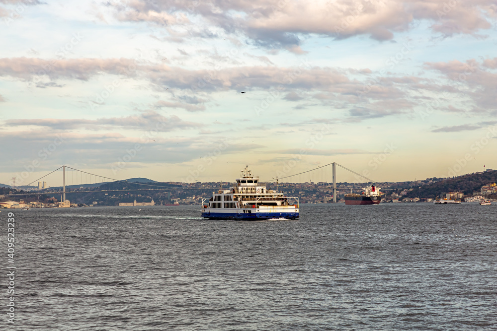 Fototapeta premium A cargo ship passes through the Bosphorus Strait in Turkey