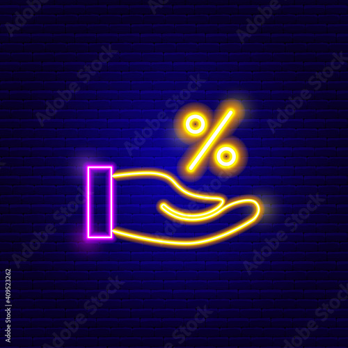 Neon Hand Holding Percent Icon. Vector Illustration of Financial Object