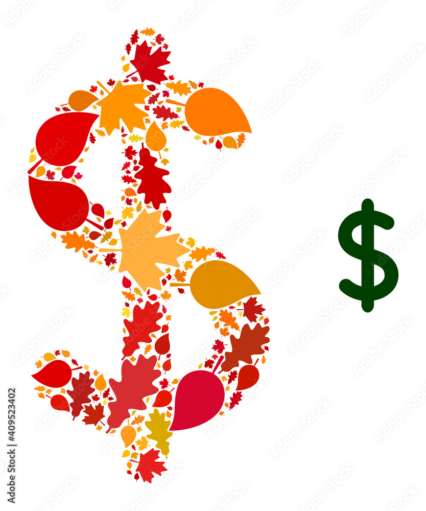 Dollar Sign composition icon created for fall season. Vector dollar sign mosaic is shaped from scattered fall maple and oak leaves. Mosaic autumn leaves in bright gold, brown and red colors. Dollar Sign composition icon created for fall season. Vector dollar sign mosaic is shaped from scattered fall maple and oak leaves. Mosaic autumn leaves in bright gold, brown and red colors.