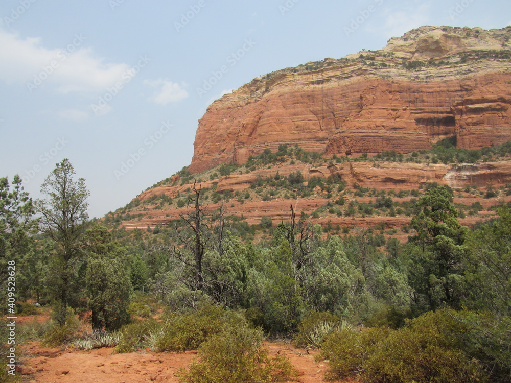 View from the Devil's Bridge trail on a sunny summer day located in Sedona, Arizona with red rock scenery 