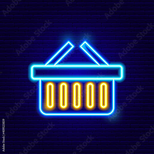 Neon Shop Basket Icon. Vector Illustration of Shopping Object