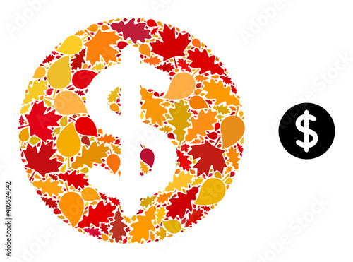 Dollar Price mosaic icon done for fall season. Vector dollar price mosaic is made with scattered fall maple and oak leaves. Mosaic autumn leaves in bright gold, brown and red colors. photo