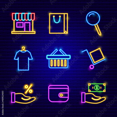 Neon Shopping Sale Icon Set. Vector Illustration of Shop Objects Collection