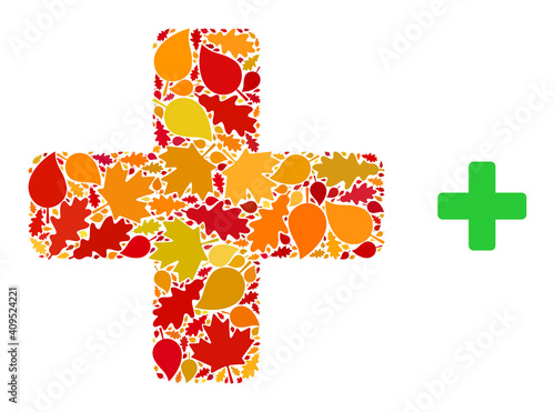 Green Cross collage icon organized for fall season. Vector green cross mosaic is organized from random autumn maple and oak leaves. Mosaic autumn leaves in bright gold, brown and red colors.
