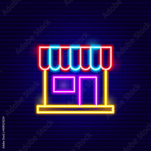 Neon Shopping Store Icon. Vector Illustration of Building Object