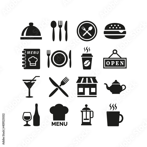 Restaurant and cafe icons set on white background.