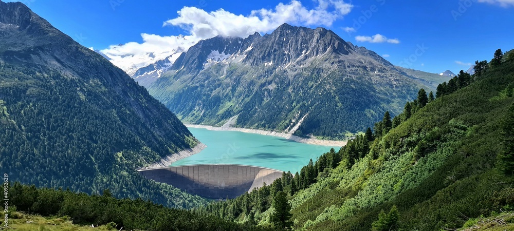 Panoramic view of Alpine lake Schlegeis in the valley Zillertal, Austrian Alps