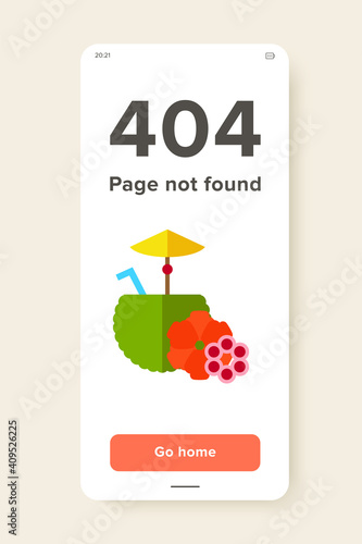 Vector icon of green coconut with tubule, umbrella and tropical flowers. Tropical drink, exotic cocktail, beverage. Vacation concept. Can be used for topics like travel, summer, drinks