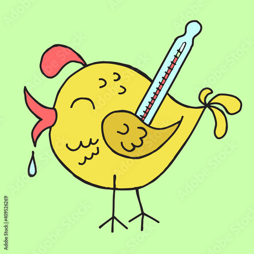 Color illustration of bird with thermometer, sick with bird flu