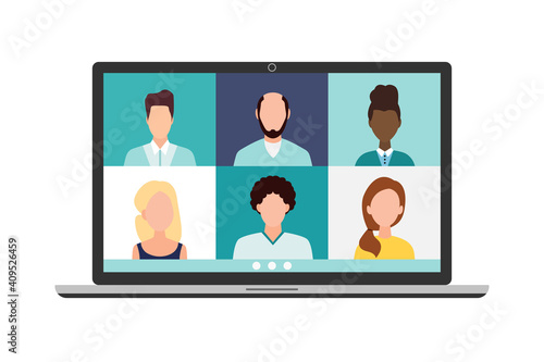 Video conference call, remote project management, quarantine, chat with friends. Vector illustration in a modern style.