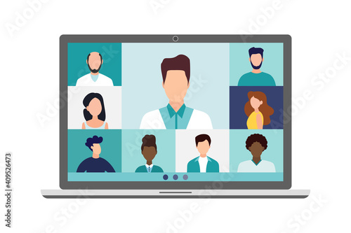 Video conference call, remote project management, quarantine, chat with friends. Vector illustration in a modern style.
