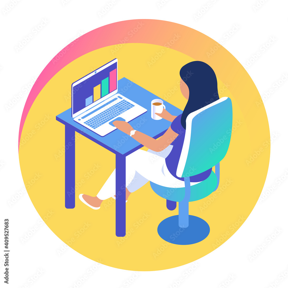 Modern girl works in the office at a laptop. Sits at a table, holding coffee in his hand. Successful business concept. Illustration in isometric style. Round colored background. Modern girl works in the office at a laptop. Sits at a table, holding coffee in his hand. Successful business concept. Illustration in isometric style. Round colored background.