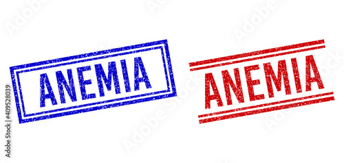 ANEMIA rubber overlays with grunge texture. Vectors designed with double lines, in blue and red variants. Label placed inside double rectangle frame and parallel lines.