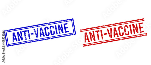 ANTI-VACCINE rubber imitations with grunge texture. Vectors designed with double lines, in blue and red colors. Text placed inside double rectangle frame and parallel lines.