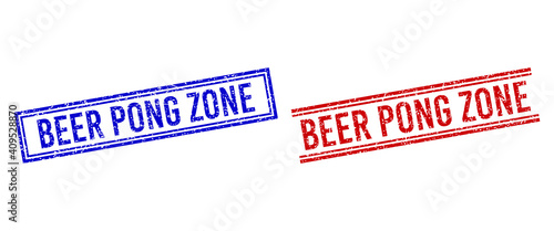 BEER PONG ZONE rubber watermarks with grunge texture. Vectors designed with double lines, in blue and red versions. Caption placed inside double rectangle frame and parallel lines.
