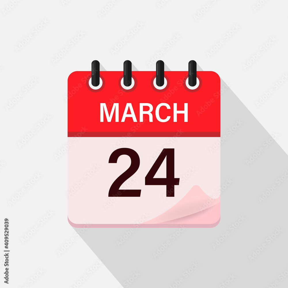 March 24, Calendar icon with shadow. Day, month. Flat vector illustration. March 24, Calendar icon with shadow. Day, month. Flat vector illustration.