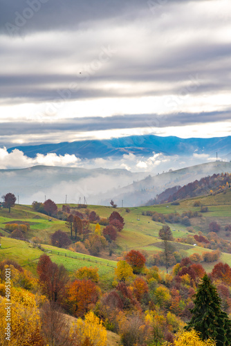 Beautiful nature of the carpathians in the hills of the sky  forests and a small village