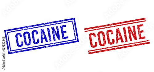 COCAINE rubber watermarks with distress texture. Vectors designed with double lines, in blue and red variants. Word placed inside double rectangle frame and parallel lines.