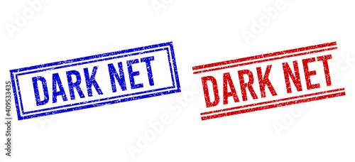 DARK NET seal overlays with grunge style. Vectors designed with double lines, in blue and red versions. Label placed inside double rectangle frame and parallel lines.