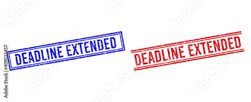 DEADLINE EXTENDED seal overlays with distress style. Vectors designed with double lines, in blue and red colors. Text placed inside double rectangle frame and parallel lines.