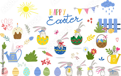 Big set of flat cartoon style elements for Easter designs.