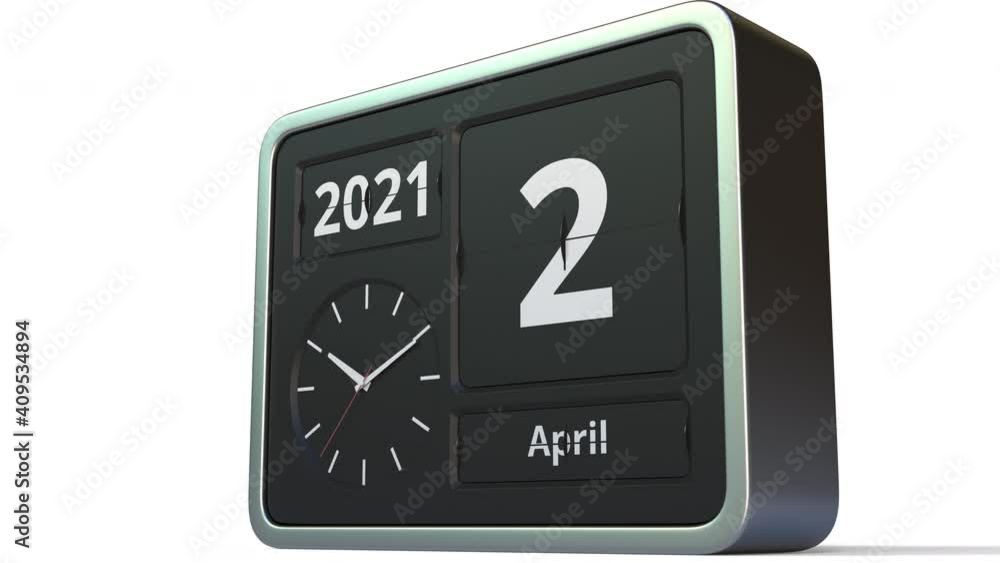 April 2 date on the flip clock calendar, 3d animation April 2 date on the flip clock calendar, 3d animation