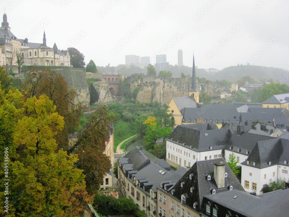 View of Luxembourg City during a cloudy, foggy day