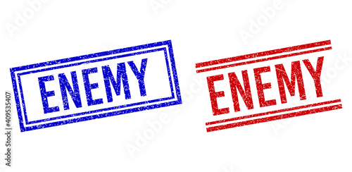 ENEMY rubber watermarks with grunge texture. Vectors designed with double lines, in blue and red versions. Tag placed inside double rectangle frame and parallel lines.