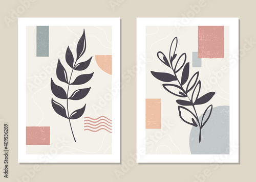 Botanical wall art vector set. Abstract pattern of flowers and branches for collages, posters, covers, ideal for wall decoration. Vector.