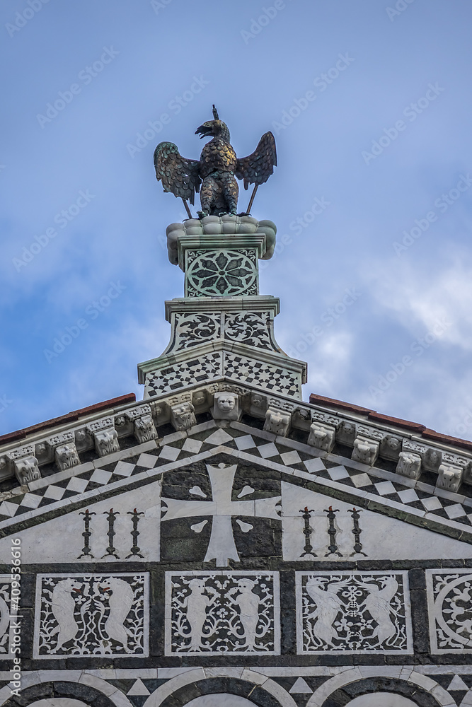 Church St. Minias on the Mountain (San Miniato al Monte) decorated with green and white marble in geometric patterns is oldest church of Florence - XI century. Florence, Tuscany, Italy.