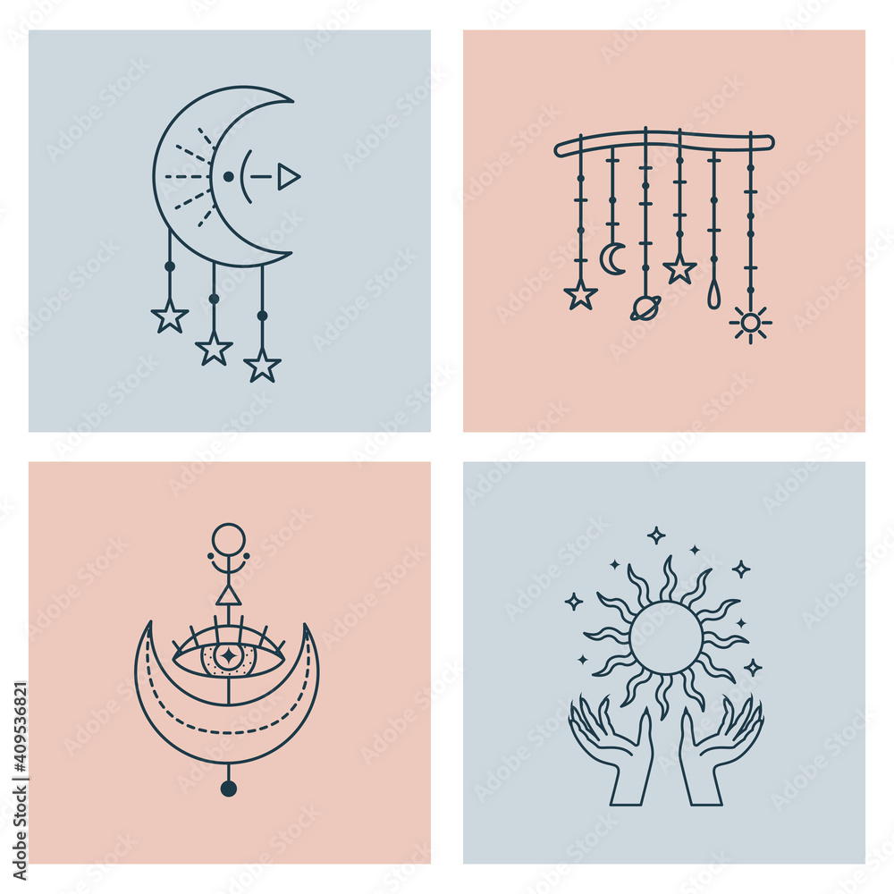 Set of mystical astrological vector illustrations. Magic symbols. Zodiac. Astronomy. Line art illustrations.