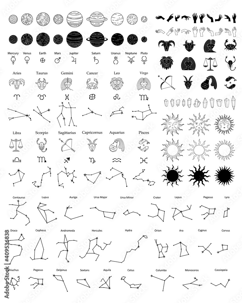 Vector set of astrological symbols, zodiacs, stars, planets and constellations. Mystical symbols. Vector set of astrological symbols, zodiacs, stars, planets and constellations. Mystical symbols.