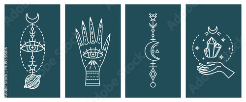 Set of mystical astrological vector illustrations. Magic symbols. Zodiac. Astronomy. Line art illustrations.