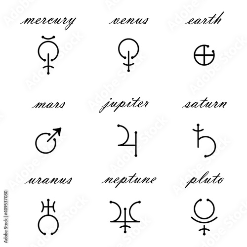 Set of vector astrological signs of planets. Astrology, astronomy. Mystery science.
