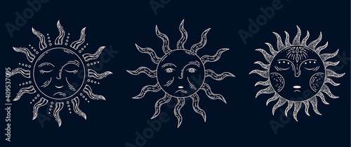 Set of 3 sun in retro style. Stars. Astrology, astronomy. Magic sign.