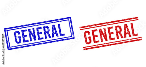 GENERAL stamp overlays with distress style. Vectors designed with double lines, in blue and red variants. Label placed inside double rectangle frame and parallel lines.