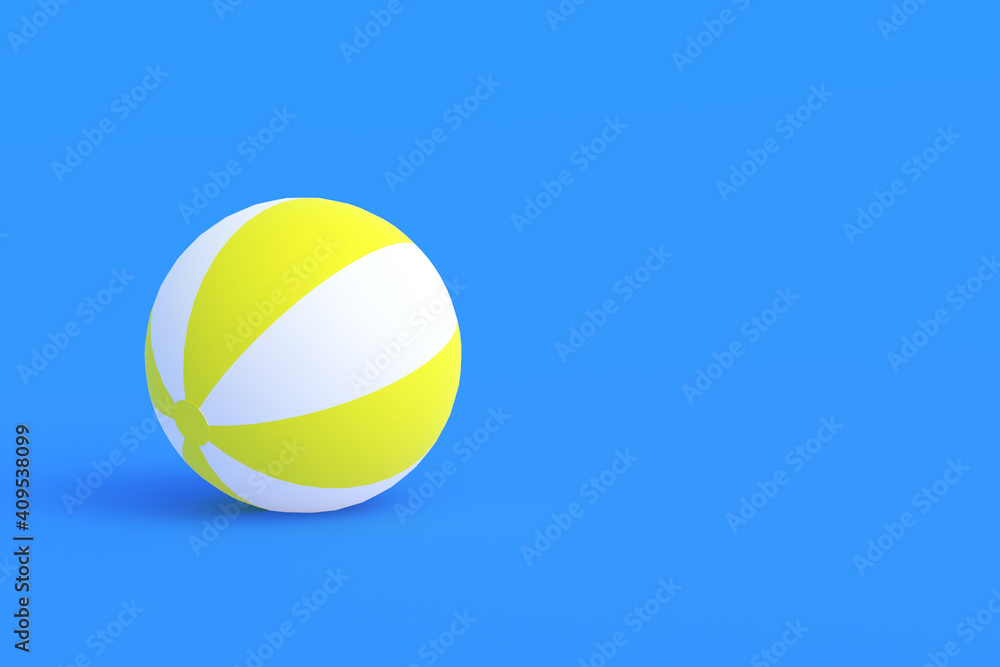 Striped inflatable beach ball on blue background. Recreation on sea or pool in summer. Fun game in summertime. Copy space. 3d rendering