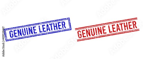 GENUINE LEATHER stamp seal overlays with grunge texture. Vectors designed with double lines, in blue and red variants. Word placed inside double rectangle frame and parallel lines.