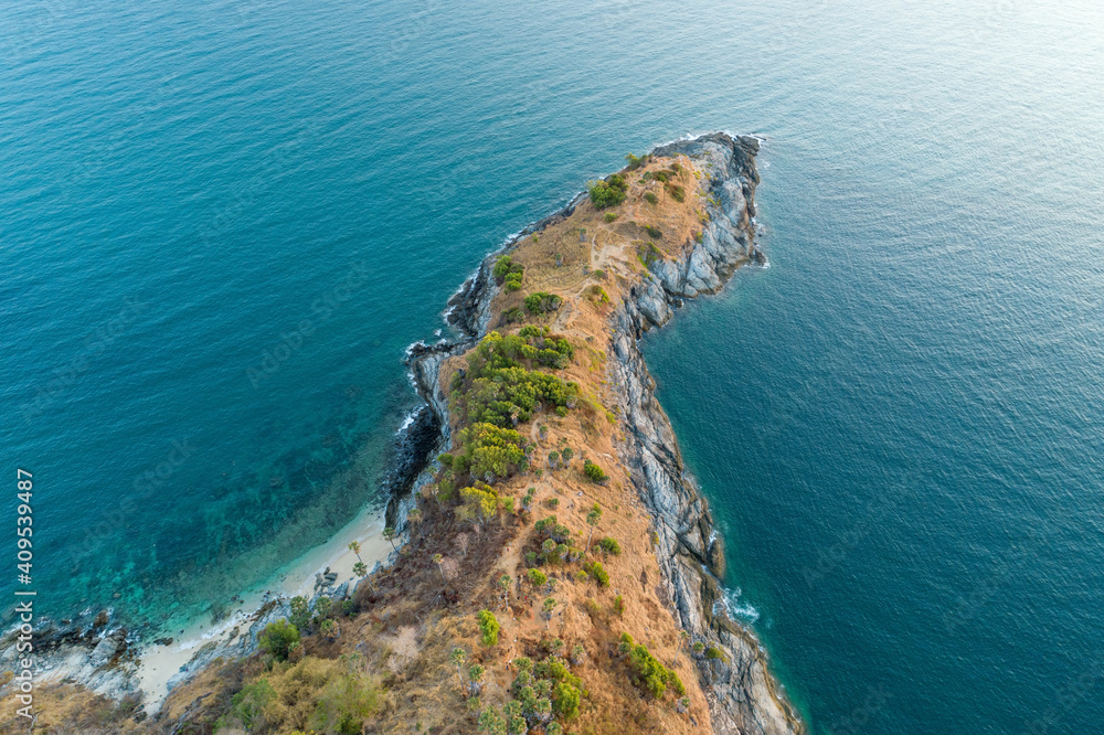 Aerial view top down drone shot of laem promthep cape Beautiful scenery andaman sea surface in summer season at Phuket island Thailand Nature and summer travel concept
