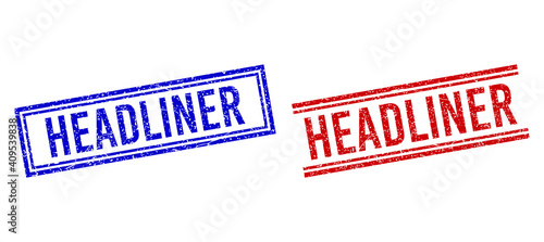 HEADLINER rubber overlays with distress style. Vectors designed with double lines, in blue and red colors. Phrase placed inside double rectangle frame and parallel lines.